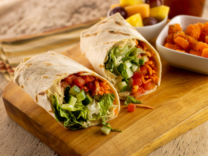 Close-up shot of a hummus burrito.