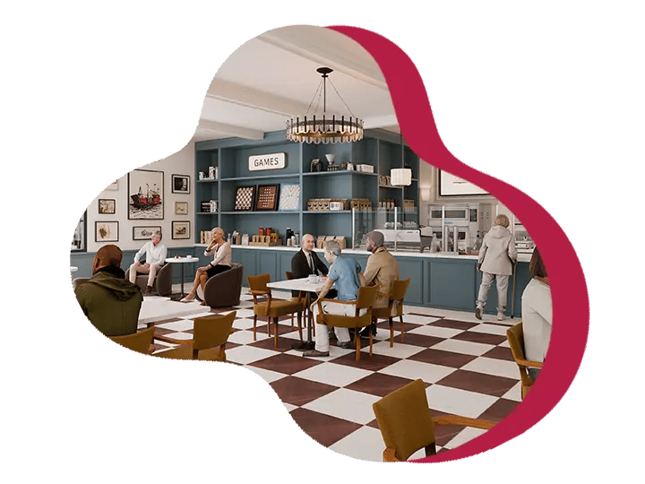 Cozy café with checkered floor, games shelf, and people seated at tables enjoying conversation.