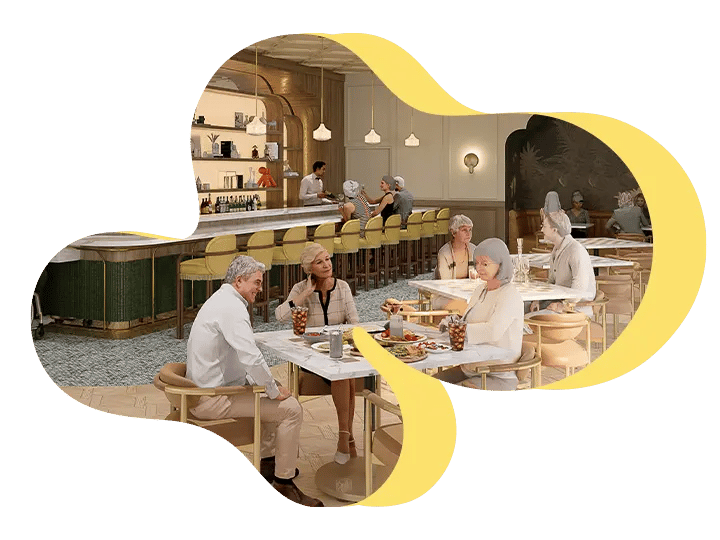 Elegant restaurant with diners at tables and bar, featuring modern decor and warm lighting.