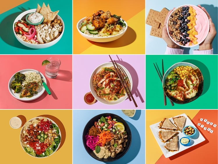A collage of plated meals showcasing balanced, nourishing food options provided through Sodexo K–12 food services.