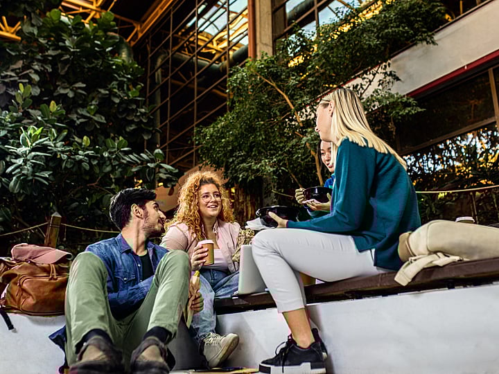 Group of college students sitting together in a courtyard, enjoying lunch.