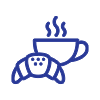 Cup of hot beverage with steam and a croissant icon.