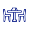 Blue icon of a café table with two chairs and a place setting.
