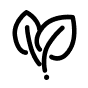 Minimalist black icon of two leaves sprouting from a small stem with a dot below