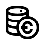 Black icon of stacked coins with a circle containing a euro symbol in front.