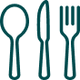 Green outline icons of a spoon, knife, and fork arranged side by side