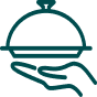 Green outline icon of a hand holding a covered serving dish or cloche symbolizing food service