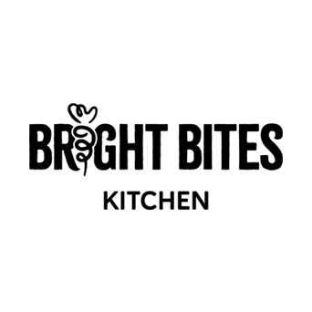 Logo of Bright Bites Kitchen, with stylized typography featuring a carrot illustration integrated into the word 'BRIGHT