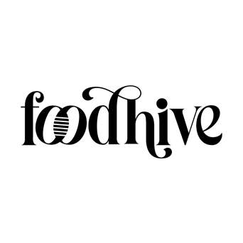 Logo of Foodhive with stylized typography. The letter 'o' features a horizontal striped design resembling a beehive pattern, creatively connecting the themes of food and community.