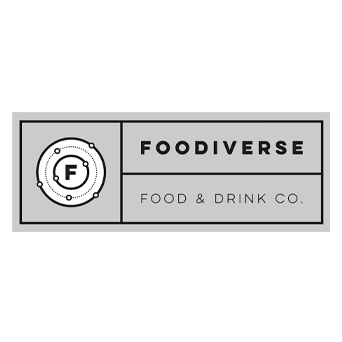 Logo for Foodiverse Food & Drink Co., featuring a circular emblem on the left with interconnected circles around an 'F,' symbolizing a universe of food. Bold text 'FOODIVERSE' and smaller text 'FOOD & DRINK CO.' complete the modern design in black and white.