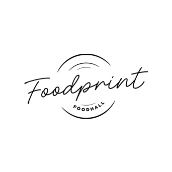 Logo for Foodprint Foodhall, featuring the word 'Foodprint' in an elegant cursive font. 'Foodhall' is displayed in smaller uppercase letters below, framed by curved lines that form a circular design.