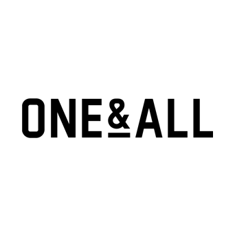 Logo featuring the text 'ONE & ALL' in bold, black capital letters. The ampersand (&) is stylized with a distinctive looped design, conveying a message of inclusivity and unity through its minimalist aesthetic.