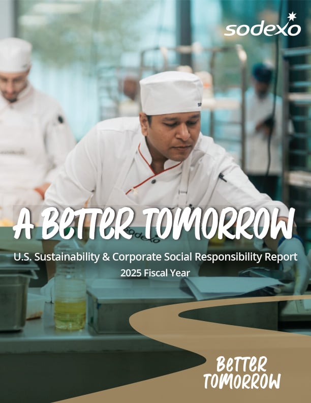 Chef preparing food in kitchen with “A Better Tomorrow” Sodexo CSR report text overlay for 2025 fiscal year