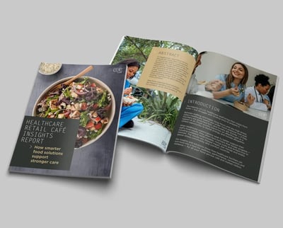 Healthcare Retail Cafe Insights Report cover with salad; open pages show abstract and introduction.