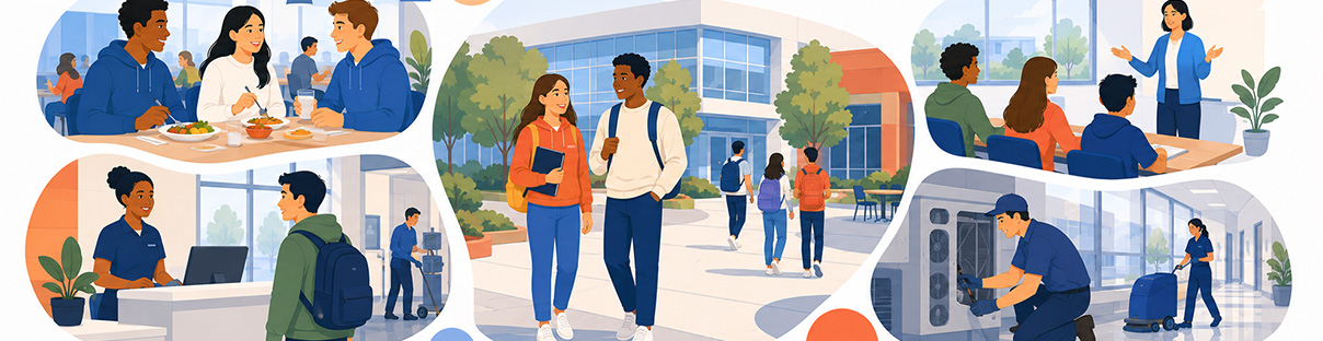 Illustrated scenes of dining, campus life, reception, training, maintenance, and cleaning services.