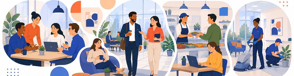 Illustrated collage of people collaborating, serving food, working on a laptop, and cleaning in modern spaces.
