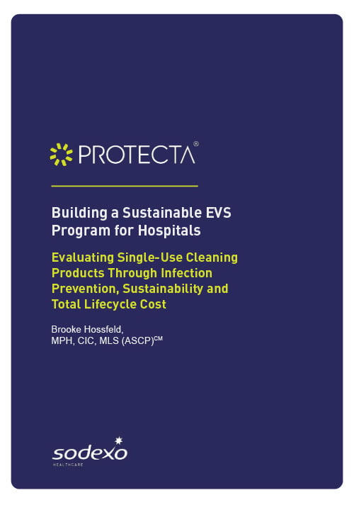 Cover of a healthcare environmental services report on sustainable hospital cleaning programs, highlighting infection prevention, single-use cleaning products, sustainability goals, and lifecycle cost evaluation.