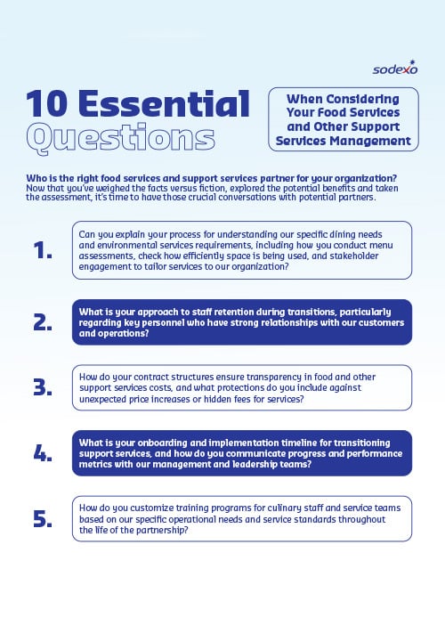 Infographic titled 10 Essential Questions outlining key considerations for selecting food services and support services management partners, featuring assessment, onboarding, staffing, and cost transparency topics.