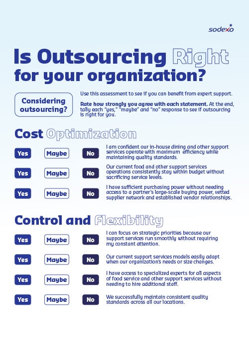 Sodexo outsourcing self-assessment checklist covering cost optimization and control flexibility criteria.
