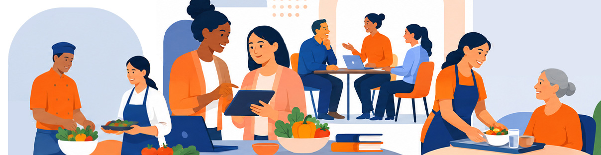 Illustration of food service staff, students, and older adults collaborating, dining, and using technology.