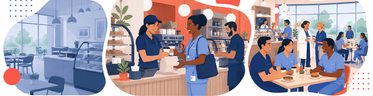 Illustration of a healthcare café with staff serving beverages and employees dining and socializing.