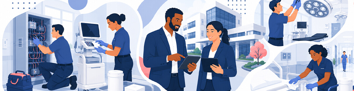 Illustration of healthcare technicians maintaining equipment, cleaning rooms, and reviewing facility operations.