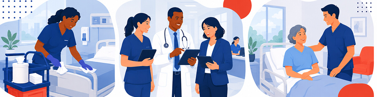 Illustration of healthcare staff cleaning, collaborating, and providing bedside care in a hospital setting.