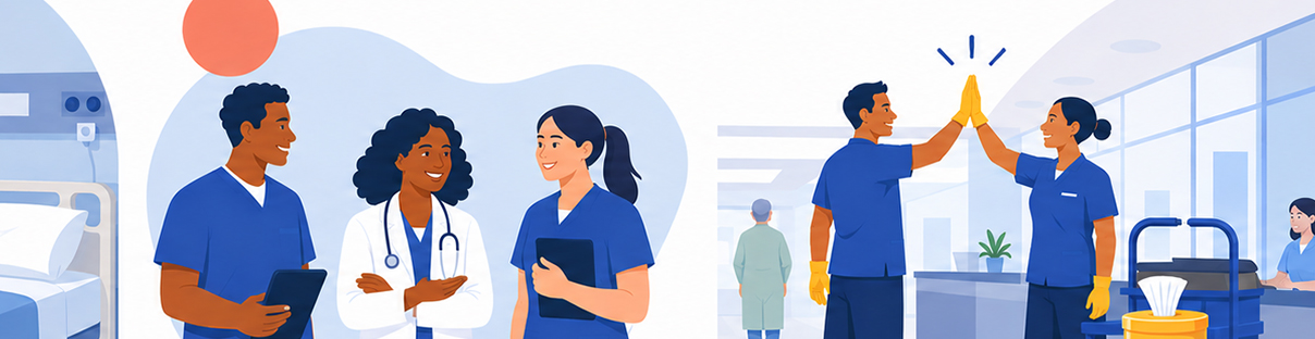 Illustration of healthcare staff collaborating in a hospital, with team discussion and high-five.