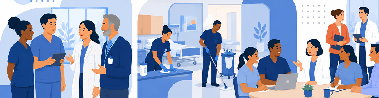Illustration of healthcare teams collaborating, cleaning patient areas, and meeting in a hospital setting.