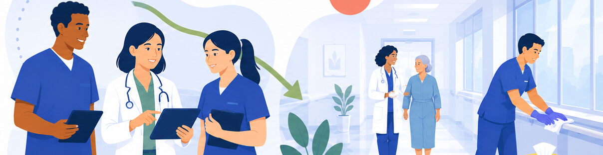 Illustration of healthcare staff reviewing information, supporting a patient, and disinfecting surfaces.