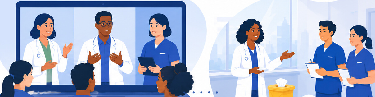 Illustration of healthcare professionals participating in a virtual meeting and an in-person team discussion.