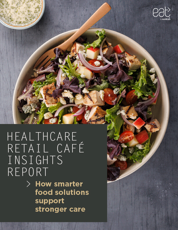 Bowl of grilled chicken salad with greens and vegetables beside text about a healthcare café insights report.