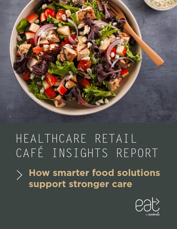 Bowl of fresh salad above text promoting a Healthcare Retail Café Insights Report by eat.
