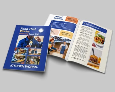 “Food That Works: Powering Every Shift” booklet with cover, Table of Contents, and Executive Summary pages.