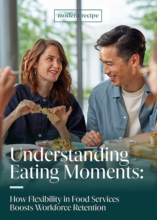 Cover image showing people seated at a table sharing a meal and talking, with text reading Understanding Eating Moments and a subtitle about flexibility in food services and workforce retention.