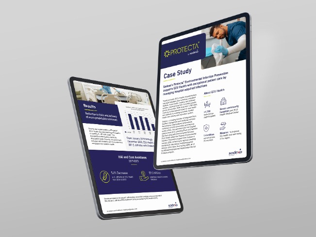 Tablets displaying the digital case study, Sodexo’s Protecta Environmental Infection Prevention Supports ECU Health.