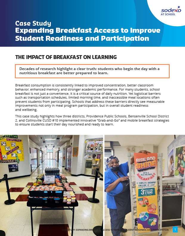 School breakfast program case study page highlighting the impact of nutrition on learning, featuring a hallway grab-and-go breakfast station and promotional breakfast outreach materials in a school setting.