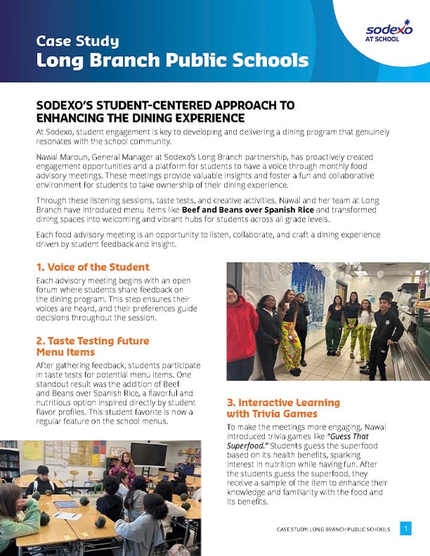 Case study flyer highlighting a student-centered school dining program, featuring student advisory meetings, menu tasting sessions, interactive nutrition activities, and collaborative school cafeteria engagement.