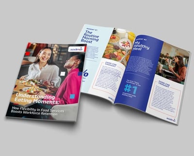 Sodexo brochure “Understanding Eating Moments” with pages on morning routines and healthy meals.