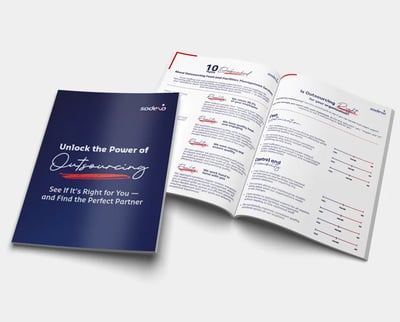 Brochure titled “Unlock the Power of Outsourcing” with open pages showing info and graphs.