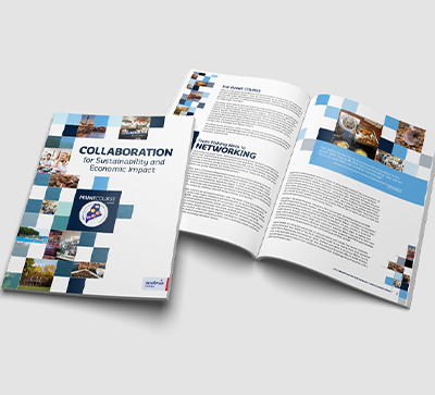 Printed report and open booklet displayed on a light background, featuring case study content, text pages, and imagery, with the title Collaboration for Sustainability and Economic Impact visible on the cover.
