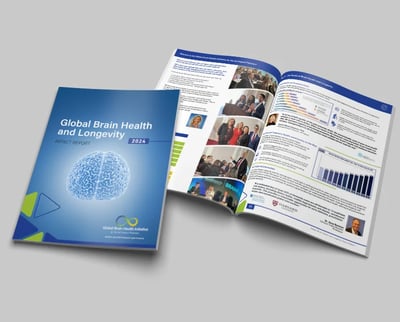 Global Brain Health and Longevity 2024 Report with cover and open pages showing text, images, and graphs.