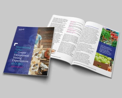Open brochure “Maximizing Value at CCRCs” with pages showing dining insights, text, and images.