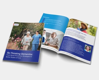 Open booklet “Re-Thinking Dementia” with images of elderly care and content on prevention and care models.