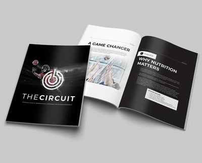 Three open magazines titled "The Circuit" featuring articles on sports and nutrition.
