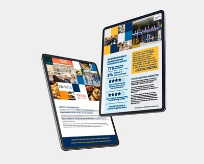 Two tablets show infographics on university dining, survey results, and campus transformation.