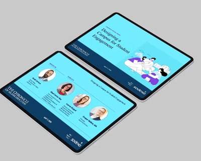 Two tablets show a webinar titled "Designing a Campus for Student Engagement" by The Chronicle.