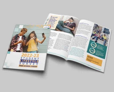 2022–23 Student Lifestyle Survey booklet with cover and pages showing stats, articles, and student images.
