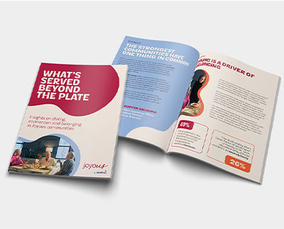 Report cover and open publication spread highlighting senior living dining insights, resident engagement, hospitality experiences, and community wellbeing through research, data, and dining program outcomes.