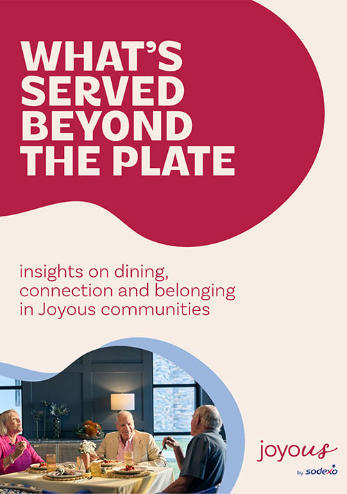 Cover of a senior living dining insights report featuring older adults sharing a meal in a community dining setting, highlighting connection, belonging, hospitality, resident wellbeing, and social engagement.